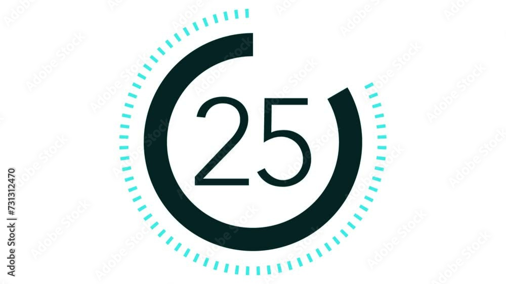 Poster 30 seconds dashed line circle countdown timer. pale blue and black on white background. stylish simp