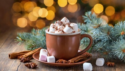 Obraz na płótnie Canvas mug full of hot chocolate cocoa with marshmallows on christmas