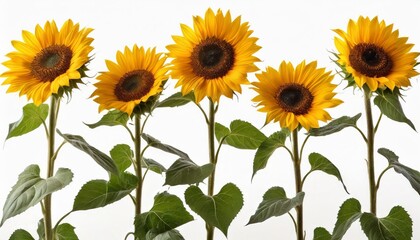 five various sunflower flowers on stems at various angles on white background - obrazy, fototapety, plakaty
