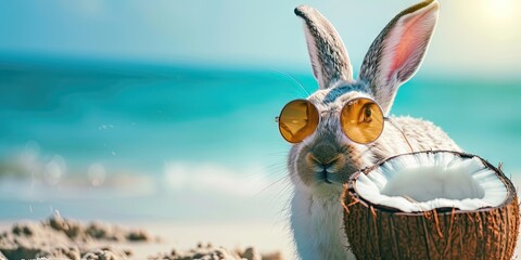 Easter bunny rabbit wearing sunglasses and drinking from coconut on the tropical beach vacation. Spring break and summer vacation concept
