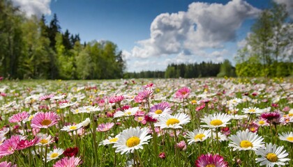 meadow with lots of white and pink spring daisy flowers in sunny day nature landscape in estonia in early summer