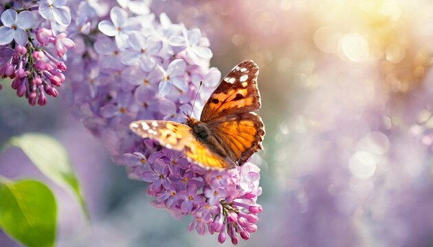 beautiful spring purple lilac flowers blossom branch background with butterfly in sun light macro soft focus nature background delicate pastel toned image nature closeup floral springtime
