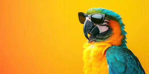 Foto auf Acrylglas Parrot (Macaw) wearing sunglasses on colorful background for summer vacation concept © Brian
