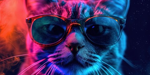 Psychedelic cat concept with feline wearing sunglasses and bright colors