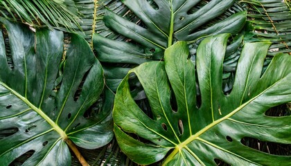 Fototapeta na wymiar closeup nature view of tropical green monstera leaf and palms background flat lay fresh wallpaper banner concept