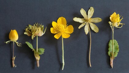 picture of dried flowers in several variants herbarium from dried blossoming flower arranged in a row ficaria verna lesser celandine fig buttercup - obrazy, fototapety, plakaty