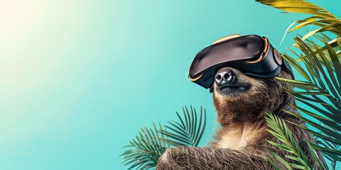 Obraz premium Happy sloth wearing virtual reality VR headset isolated on solid background with blank copy space for technology, metaverse, and extended reality concept.