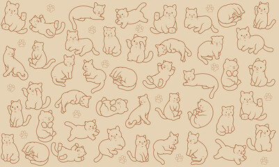 Cats on beige background. Illustration of many cats in different poses. Painted cute kittens. Background with cats and paw prints. Funny pets.