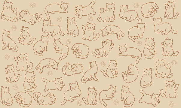 Cats on beige background. Illustration of many cats in different poses. Painted cute kittens. Background with cats and paw prints. Funny pets.