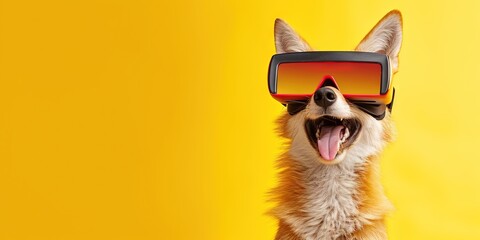 Happy coyote wearing virtual reality VR headset isolated on solid background with blank copy space for technology, metaverse, and extended reality concept.