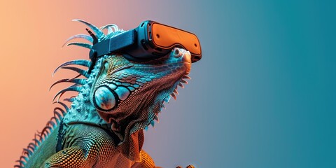 Happy iguana  wearing virtual reality VR headset isolated on solid background with blank copy space for technology, metaverse, and extended reality concept.