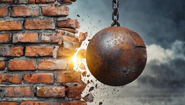 metallic rusty wrecking ball on chain shattering an old brick wall 3d rendering © Wendy