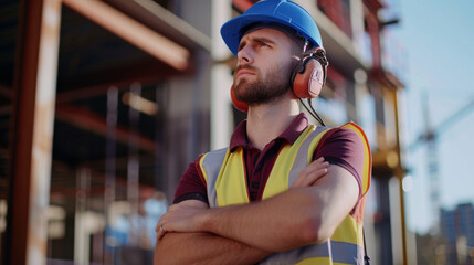 A construction worker with a blue safety helmet and reflective vest stands with crossed arms, looking intently at a construction site.