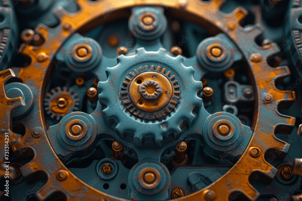 Poster a kaleidoscopic pattern of interconnected gears and cogs, symbolizing the complexity and interdepend