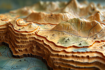 A topographic map illustration, highlighting elevation contours and geographic features,...