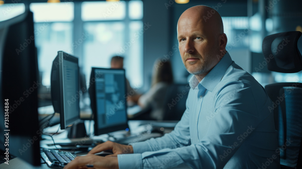 Poster confident individual at a workstation with multiple computer monitors in a modern office.