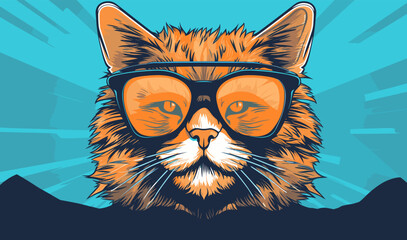 Cool looking cute cat wearing sunglasses illustration vector - obrazy, fototapety, plakaty