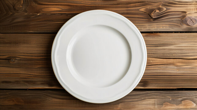 A minimalist white plate sits elegantly on a rustic wooden table, inviting culinary creativity. With a blank surface, this mockup is ideal for showcasing your mouthwatering dishes and inspir