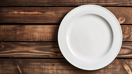 A minimalist white plate mockup resting on a rustic wooden table, awaiting delectable culinary presentation ideas. The clean surface of the plate offers endless possibilities for showcasing