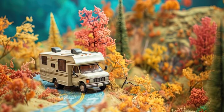Plastic toy recreational vehicle (RV) driving on the open road for family and retirement travel concept. Exploring the countryside and national parks in a house on wheels. Road trip concept