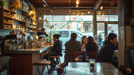 A lively cafÃ© filled with the delightful sounds of friends catching up over a lunch break, creating an inviting atmosphere brimming with conversation and laughter. - obrazy, fototapety, plakaty