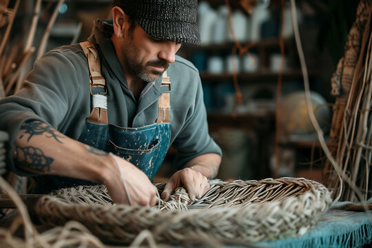 Male artisan crafting wicker basket by hand in a rustic workshop. Traditional craftsmanship concept with a focus on sustainable materials