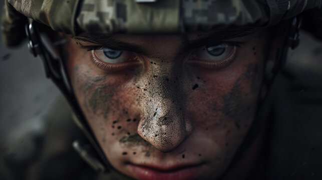 A captivating close-up portrait of a fierce soldier, captured in a professional photoshoot with hyper realistic details. The high resolution image showcases the raw determination and strengt