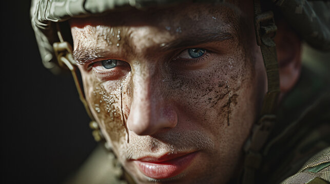 A captivating close-up portrait of a fierce soldier, captured in a professional photoshoot with hyper realistic details. The high resolution image showcases the raw determination and strengt
