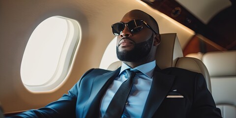 Black male business executive flying in a private plane sitting in leather seat for business travel