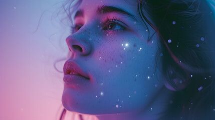 Womans Face Close-up With Stars in Background