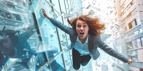 Young woman breaking through the glass ceiling - obrazy, fototapety, plakaty