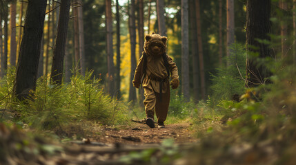 Man in Bear Suit Walking Through Forest