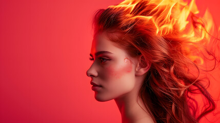 Red-haired Woman Against Red Background