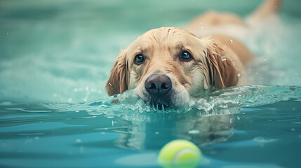 Dog Swimming With Tennis Ball in Pool - obrazy, fototapety, plakaty