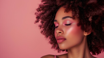 Woman With Curly Hair and Pink Makeup