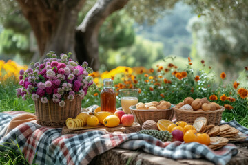 Fototapeta na wymiar A picnic in a blooming garden, with a checkered blanket and an assortment of fresh fruits and snacks, symbolizing the simple pleasures of outdoor leisure. Concept of garden picnics. Generative Ai.