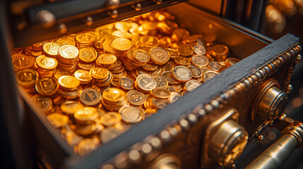 Vintage chest overflowing with various shiny gold coins, depicting wealth or treasure.
