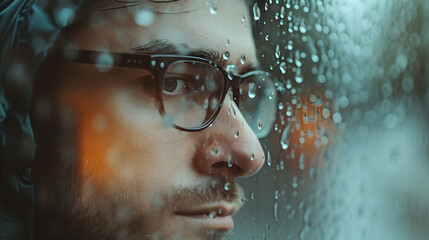 Man With Glasses Looking Out of Rainy Window