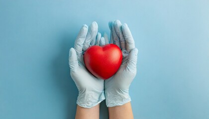 heart disease prevention concept top view photograph of hands in medical gloves holding a heart model on light blue background with copy space for text or advertising placement