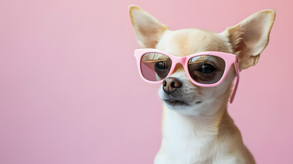 Small Dog Wearing Pink Sunglasses on Pink Background