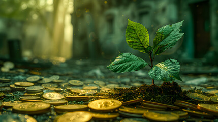 A sapling emerges from rich soil amidst scattered golden coins, bathed in warm, ethereal sunlight.
