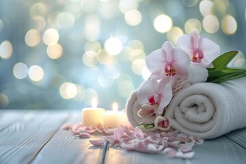 blurred and bokeh background with Towels , Candles, Orchid, Spa setting and white wooden table flooring