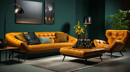 Brown and Green Modern Living Room.Chic Comfort. Contemporary Living with a Vintage Twist
