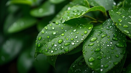 close-up image capturing raindrops glistening on fresh leaves after a refreshing storm, shot highlights the delicate beauty of water droplet