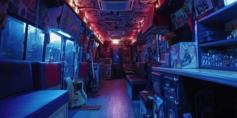 Interior of a rock band's tour bus with all the comforts of home on the road - obrazy, fototapety, plakaty