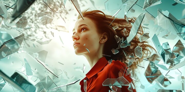 Woman breaking through the glass ceiling - concept with broken glass and adult young woman achieving new career heights
