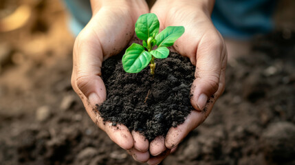 pair of hands holds a small amount of soil with a young green plant growing from the center