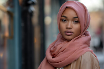 Woman Wearing Pink Scarf on City Street