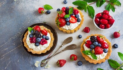 healthy summer pastry dessert berry tartlets or cake with cream cheese top view - obrazy, fototapety, plakaty