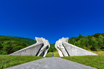 Sutjeska National Park, Bosnia and Herzegovina - August 01, 2023: The World War II monument in Sutjeska National Park, Bosnia and Herzegovina. Memorial complex Tjentiste.